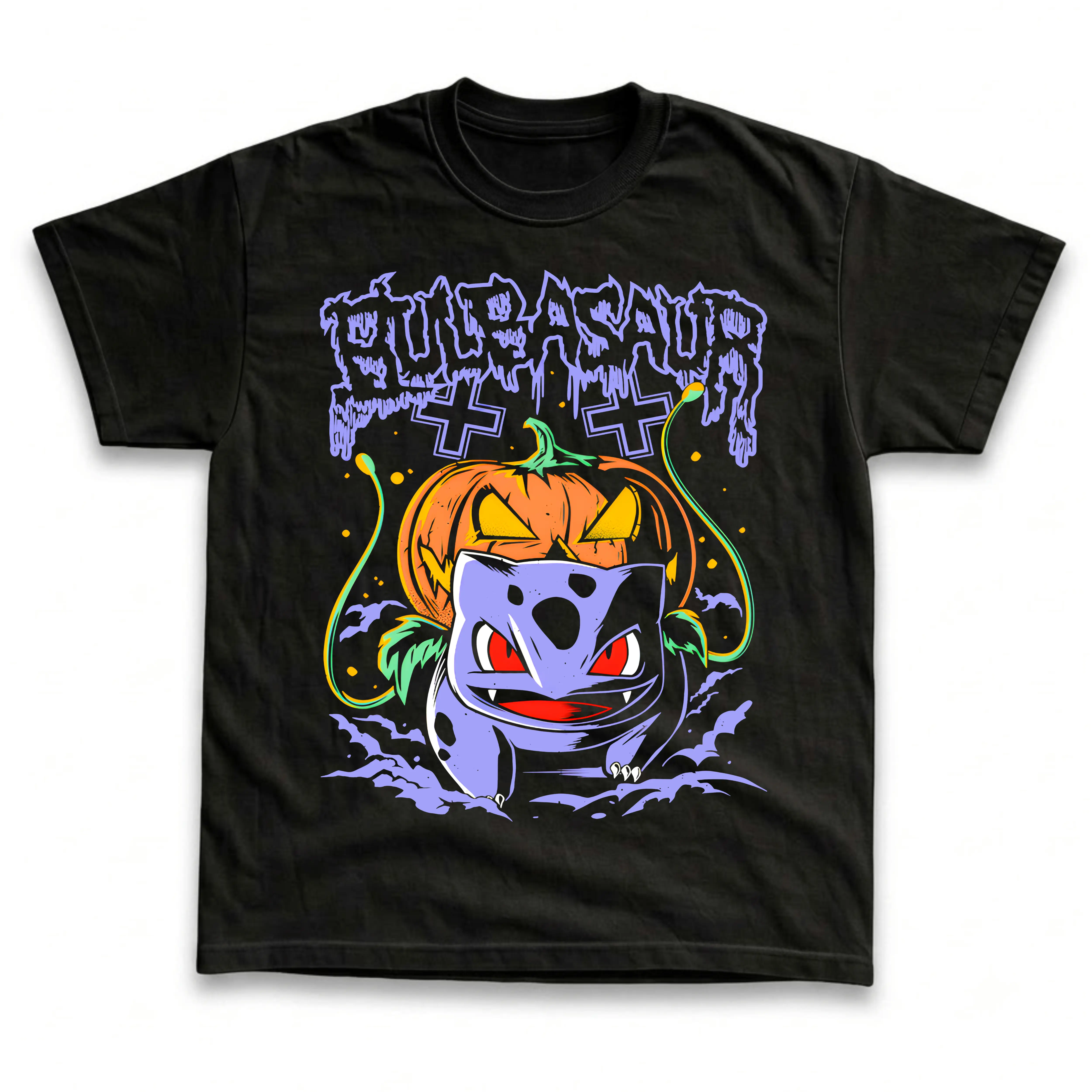 Men's and Women's T-Shirt, Vintage Spooky Element Creature Graphic Tee, Pokebon Bulbasaurr T-Shirt, Unisex Gift Manga Anime Tshirt, Gothic Grunge Y2K Emo Scene Amity Affliction Style Clothes Menswear Womenswear Streetwear