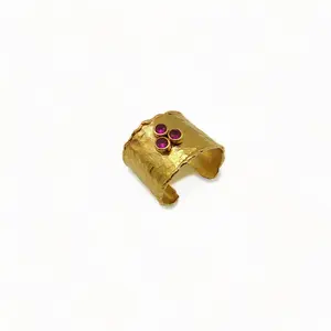 Gold-Plated Cuff Ring with Cherry CZ Stones | Adjustable Handmade Jewelry | Elegant Red Gemstone Ring