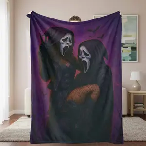 Halloween Ghost Mask Flannel Blanket Gothic Horror Art Print with Vibrant Purple Night Background Soft Warm Cozy Plush Throw Perfect for Halloween Decor Bedroom Sofa Accent Gifts for Fans Spooky Parties Home Atmosphere and Horror-Themed Snuggling.