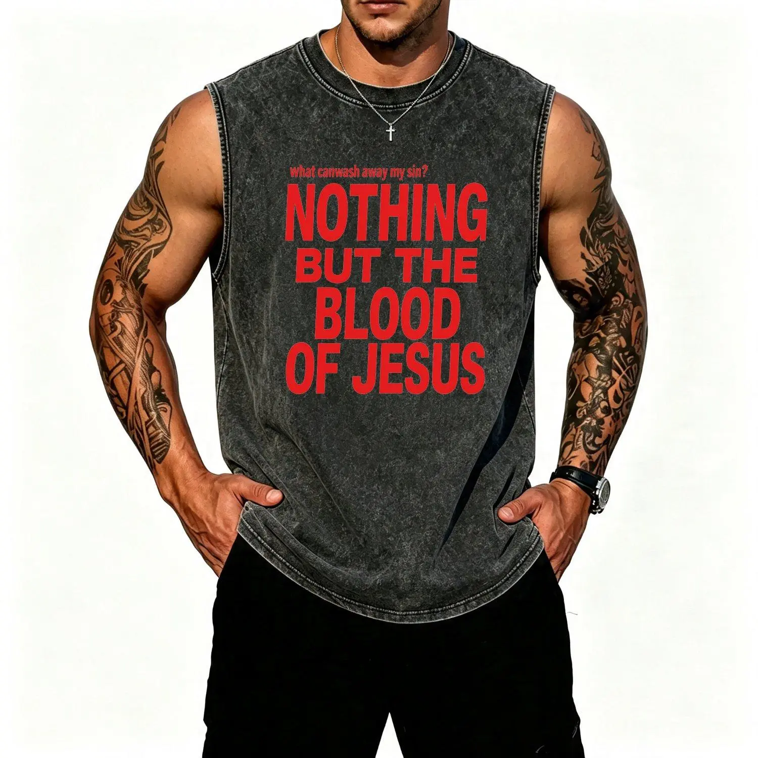 Faith-Based Sleeveless Vest Tank Top Loose Fit Shirt Featuring Nothing But The Blood of Jesus Graphic Suitable for Casual Wear Church Events Easter Gifts Machine Washable Vests