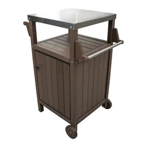 Outdoor Rolling Kitchen Cart - Stainless Steel Patio Island with Storage Shelves, Hooks, and Wheels - Portable Movable Prep Table for Backyard, Camping, BBQ