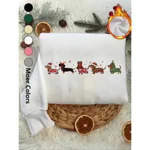 Plush round neck sweatshirt, Christmas themed dachshund print, casual retro long sleeved pullover, round neck casual sports women's pullover sweatshirt, autumn and winter plush women's clothingRAIMENTRY