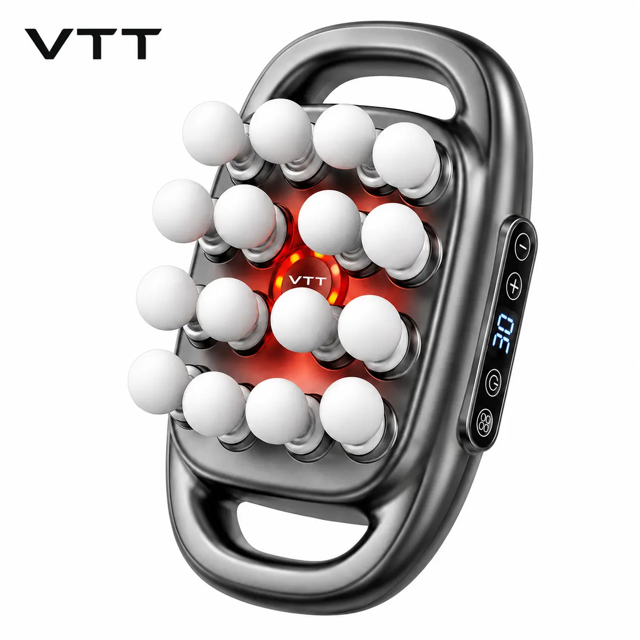 VTT 16-Head Deep Tissue Percussion Massage Gun - Built-in Li-ion 2600mAh Battery, 30 Levels, 3 Modes, Red Light Therapy, Hand-free Mode, Rechargeable for Full Body Muscle Relief (Back, Neck), Multiple Zones, Batteries, Wireless, Hip, Hand-Free Use, Built-