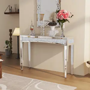 Modern Crushed Diamond Mirrored Entryway Console Table Silver Sofa Side Table