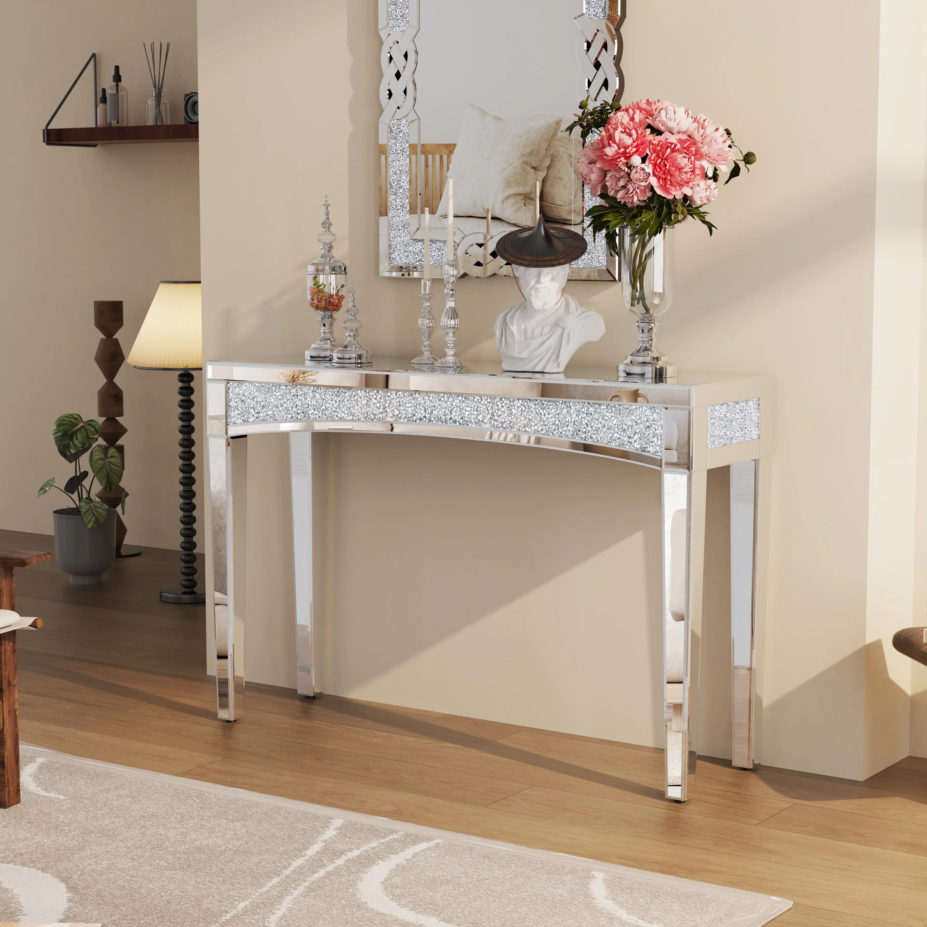 Silver Modern Crushed Diamond Mirrored Rectangle Entryway Console Table, Living Room Sofa Side Table for Indoor Furniture Decor, Rectangle Table, Living Room Decor
