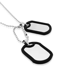 Double Dog Tag Pendant Necklace - Stainless Steel Black Rubber Pet Neck Accessory for Dogs