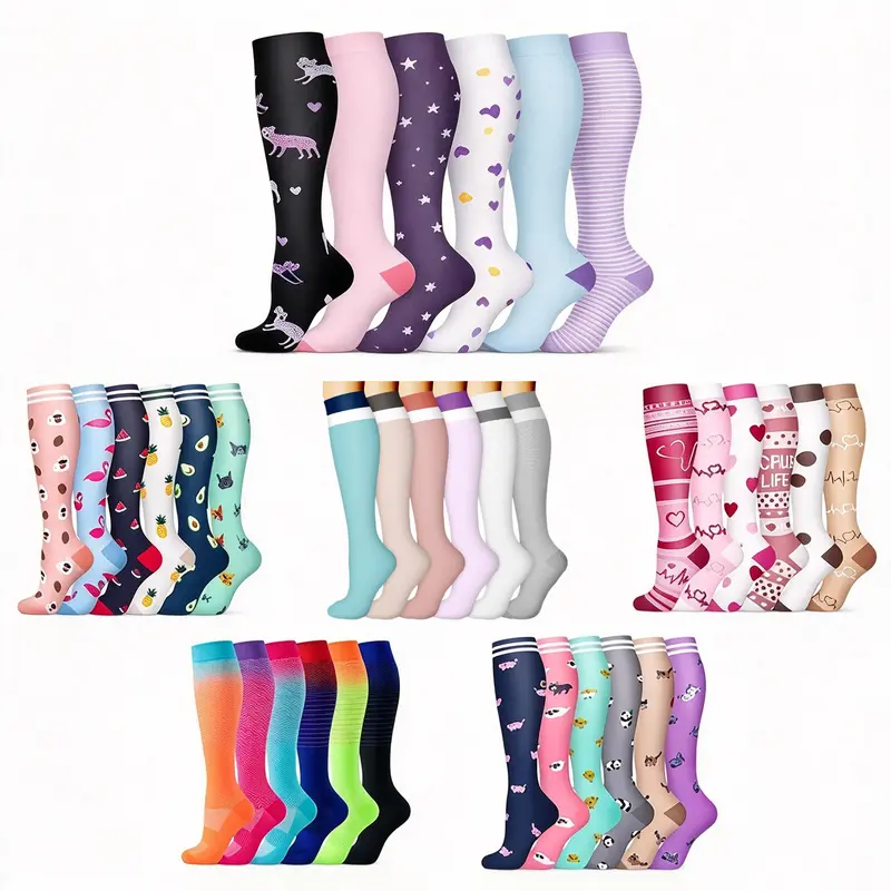 6 Pairs Unisex High Compression Activewear Socks - Colorblock Crew, Breathable Cotton, Abrasion Resistant, Anti-Slipping, Anti-Bacterial, All Over Print for Running, Athletic Training (Compression Socks for Women)
