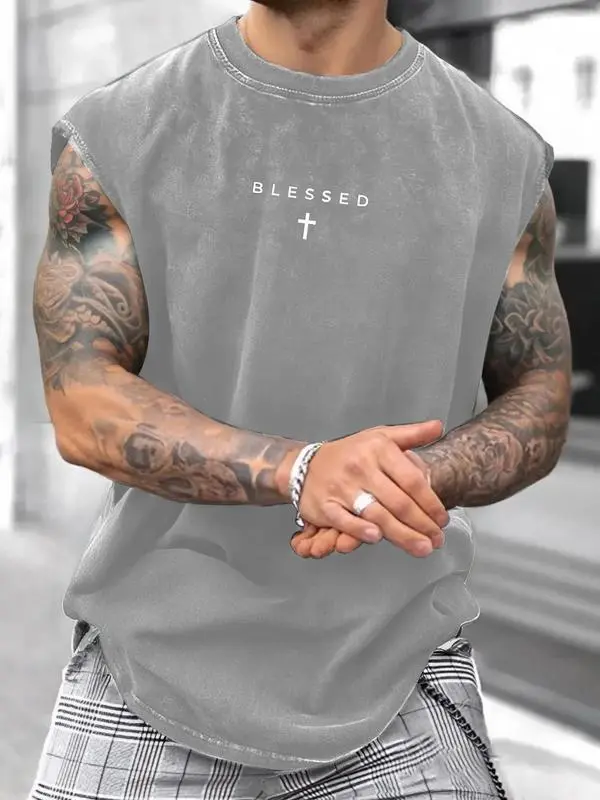 Men’s Blessed Cross Graphic Sleeveless Tank Top, Vintage Washed Streetwear Gym Workout Muscle Shirt