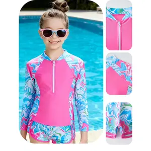 Girls' Two-Piece Long-Sleeve Swimsuit (7-14Y) - Zipper Tie-Dye Christmas Pink Wave, Machine Washable Quick-Dry,chic design,mesh top,sport bra