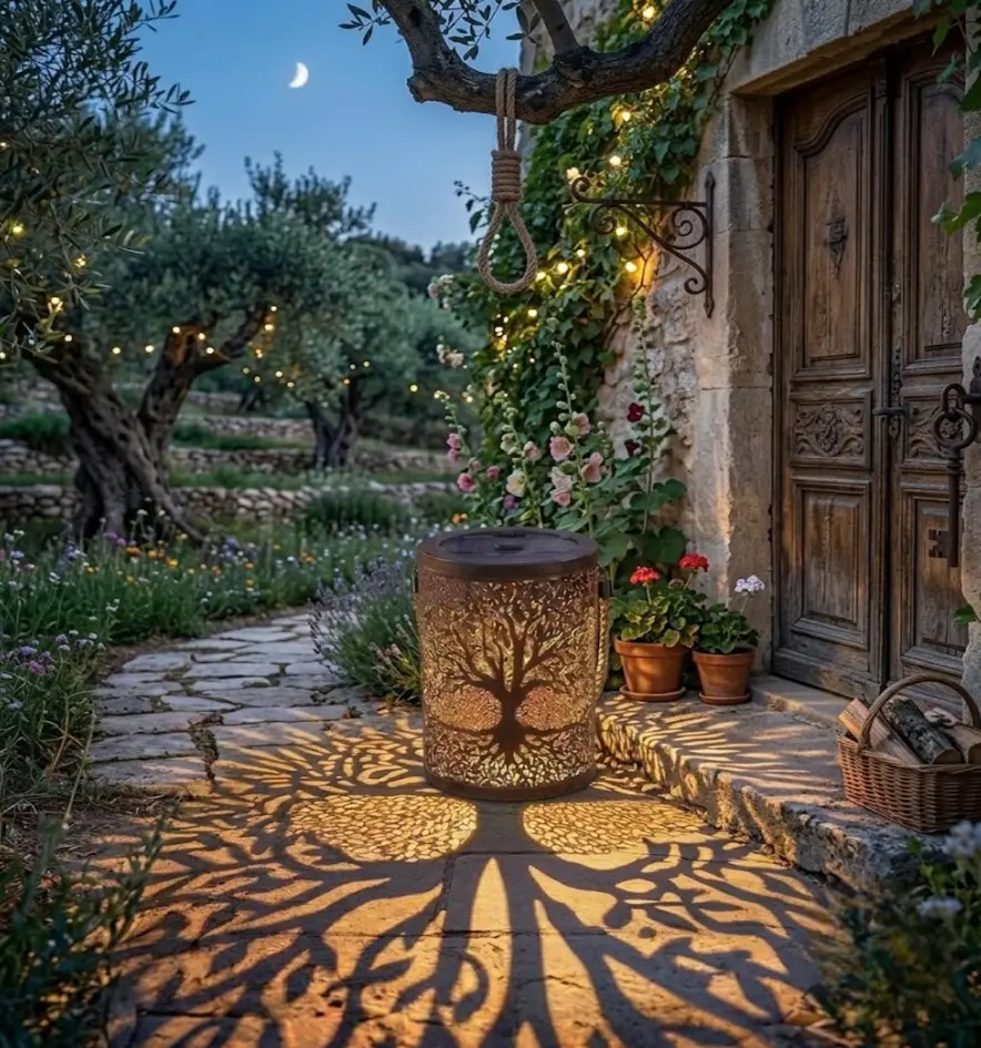 Tree-of-Life Metal Solar Lantern, Outdoor Hanging Solar-Powered LED Lamp with Hollow Tree Pattern Projection, Waterproof Garden Decor for Patio Porch, Housewarming Gift
