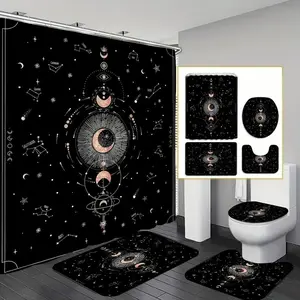 1/4 pcs space geometric moon pattern design, exquisite shower curtain set, non-slip mat, U-shaped rug, toilet seat cover, perfectly suited for bathroom decoration accessories, beautifies the space, includes 12 shower curtain hooks