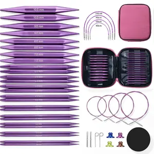 Circular Knitting Needles Set, 13 Pairs Interchangeable Knitting Needles 3mm-10mm with 4 Cables, Accessories & Purple Case, 4 Inch Aluminum Knitting Needles US Size 2~15