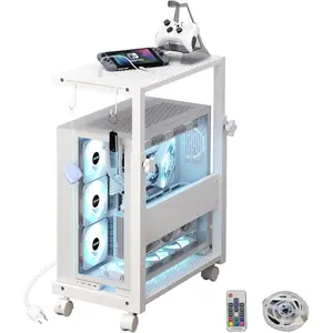 Computer Tower Stand with LED Light Strip,Mobile Rolling CPU Holder,Height Adjustable PC Tower Stand with Charging Station for Office Home (White)