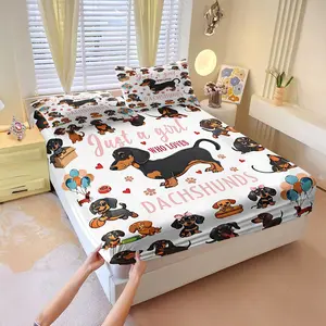 3Pcs Dachshund Lovers Fitted Sheet Set, Decorative Printed Bedding Set, Features Adorable Dachshund Print with Balloons and Hearts, Soft and Cozy Fabric, For Animal Enthusiasts, Add a Fun Touch to Your Bedroom Decor, Includes 2 Pillowcases, No Pillow Core