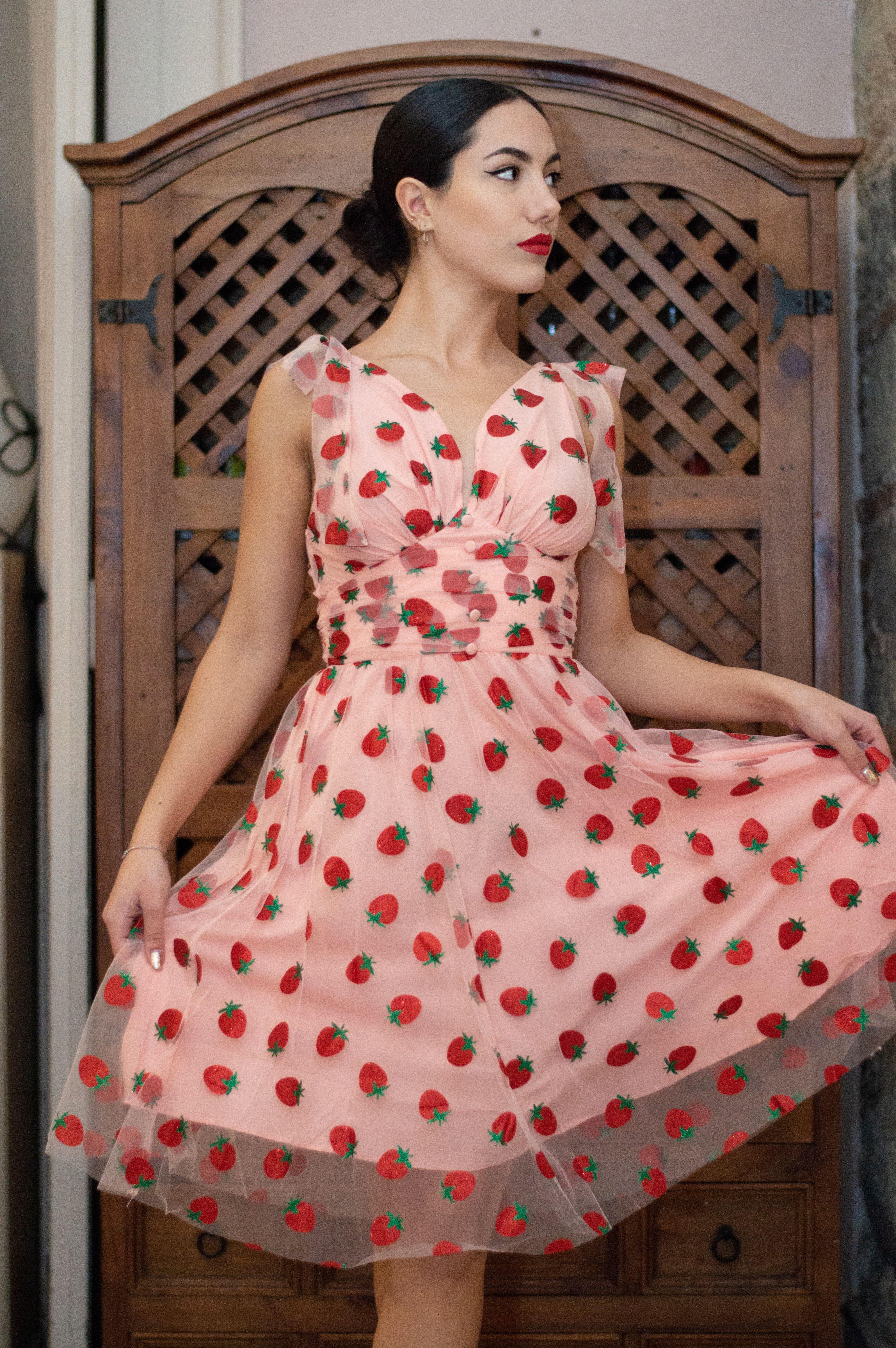 PINK 1950S STRAWBERRY MESH SWING DRESS Casual Elegant Classy Casual Breathable Outfits