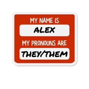 Personalized Custom Name & Pronouns Refrigerator Magnet - Red Vinyl Print Die-Cut Magnetic Label for Home Decor, "My Name Is/My Pronouns Are" Design