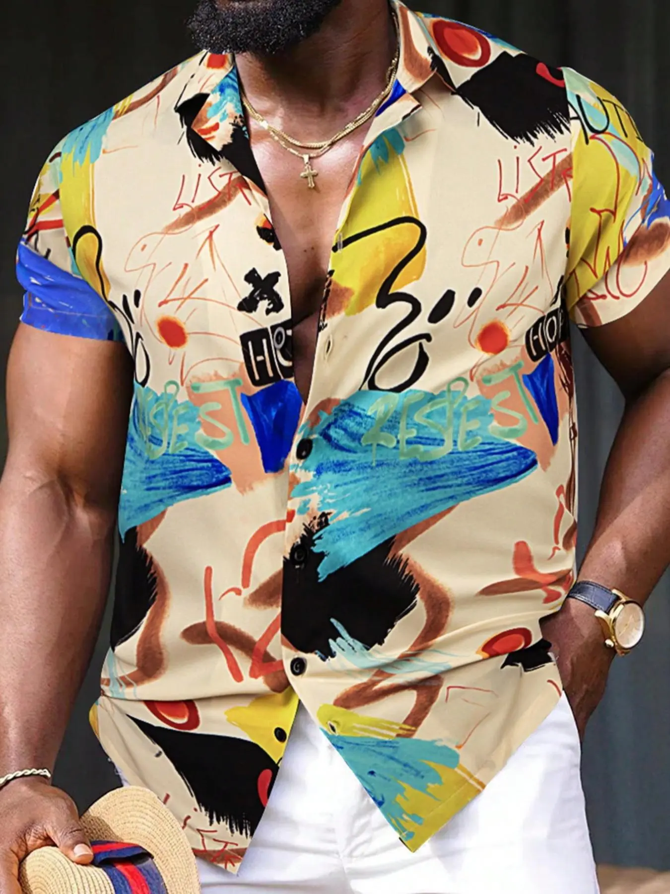 Men's Abstract Print Short Sleeve Shirt, Loose Casual Soft Comfy Collared Button Top for Summer, Fashion Men's Clothes for Daily Wear, Tropical, Casual Tropical Style, Casual Printed Art Print Shirt