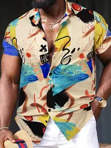 Men's Abstract Print Short Sleeve Shirt, Casual Party Shirt, Loose Soft Comfy Collared Button Top for Summer, Fashion Men's Clothes for Daily Wear, Tropical