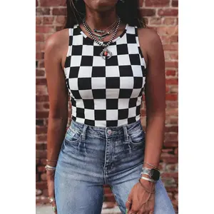 Black Checkerboard Printed Slim Tank Top