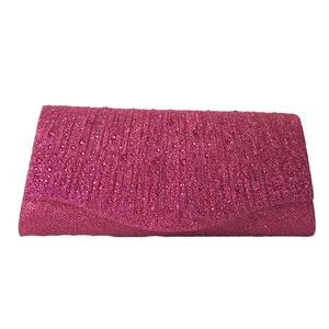 Fashion Culture Women's Fuchsia Pink Rhinestone-Embellished Sparkling Fabric Evening Flap Clutch Bag with Chain, Flap Closure