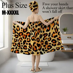 Plus Size M-XXXXL Classic Leopard Print Bath Wrap Skirt & Hair Towel Set, Soft Absorbent Towel, Non-Slip Adjustable Shower Skirt for Bathroom, Spa, Bachelorette Party, Holiday Gift