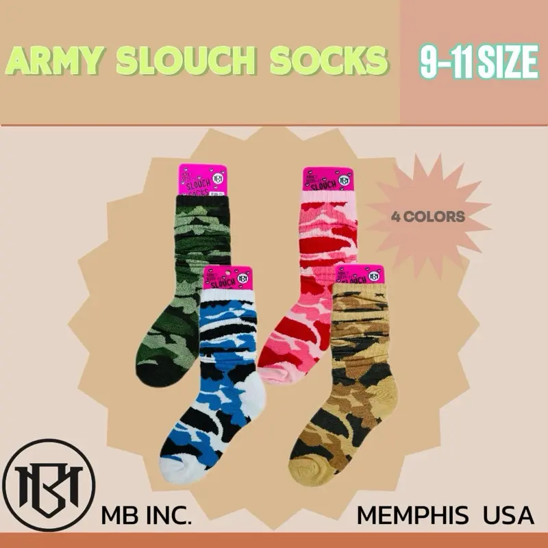 MB INC. Army Slouch Socks 9-11 Size - 4 Colors Available - Memphis USA Brand Womenswear Casual Everyday Fit