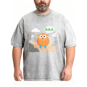 Men's Plus Size Cute Sheep "BAA" Graphic Washed T-Shirt, Casual Animal Print Short Sleeve Tee