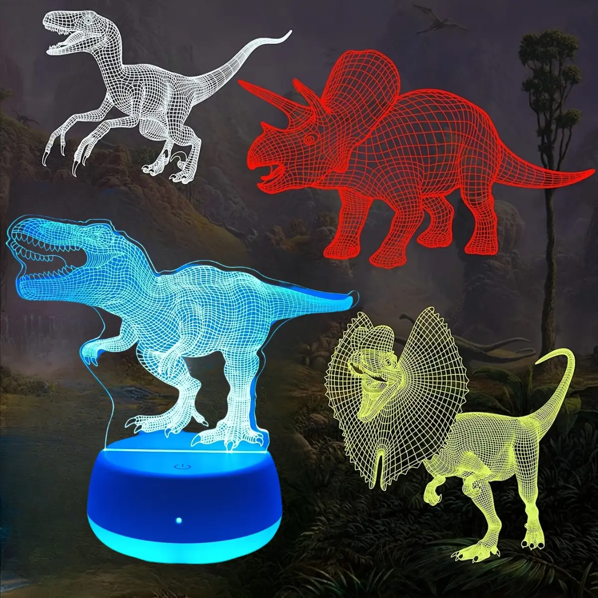 3D Dinosaur Night Light Lamp, Touch Control Dimmable Lighting, 7 Color Changing, Tabletop Decoration Gift for Christmas Birthday Bedroom Decor