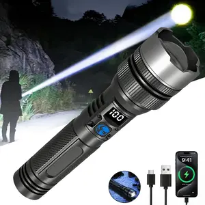2-in-1 Strong Flashlight (Power Bank)，Digital display of power, Rechargeable, Zoomable, X4Waterproof, Adjustable Brightness Flash Light for Outdoor, Emergency, Camping Accessories，Black