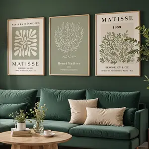 3-Piece Set Abstract Green Plant Wall Art, Modern Abstract Design, Vintage Matisse Poster, Art Modern Wall Decoration, Plant Canvas Art Suitable for Living Room, Bedroom, Home Decoration