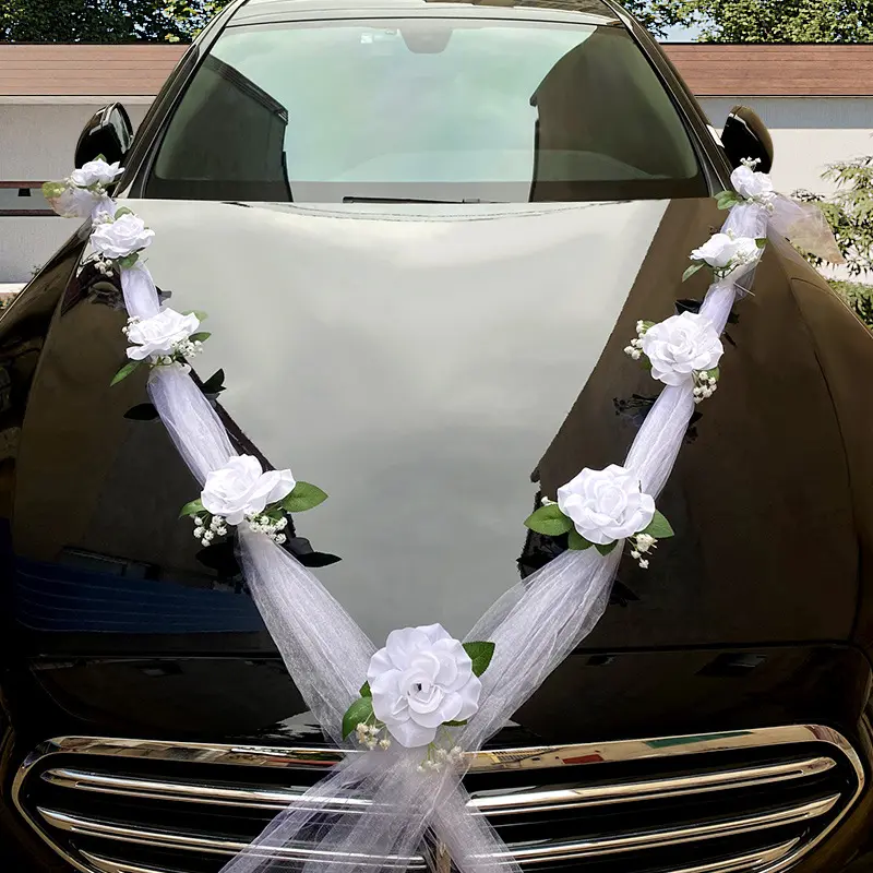 Wedding Car Flower Decoration Set, Elegant Bridal Vehicle Floral Arrangement, Artificial Flowers, Perfect for Weddings & Special Events