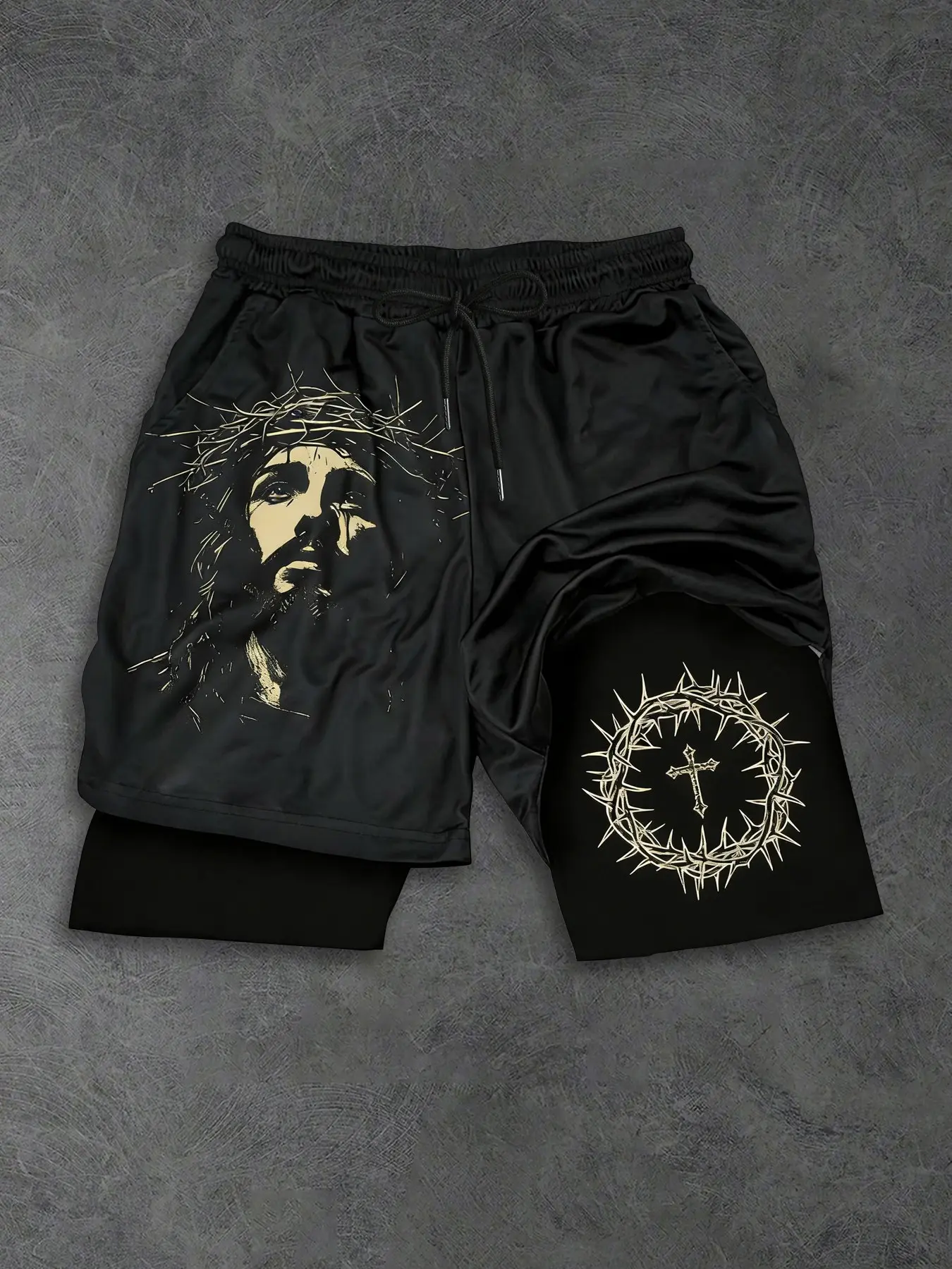 Men's Thorn Crown Gym Shorts, Jesus Portrait Print, Breathable Lining, Religious Streetwear, Casual Gym Wear, City Essential, Tight Fitted Shorts, Streetwear Sports Shorts