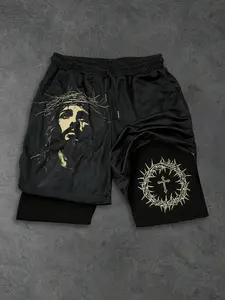 Men's Thorn Crown Gym Shorts, Jesus Portrait Print, Breathable Lining, Religious Streetwear, Casual Gym Wear, City Essential