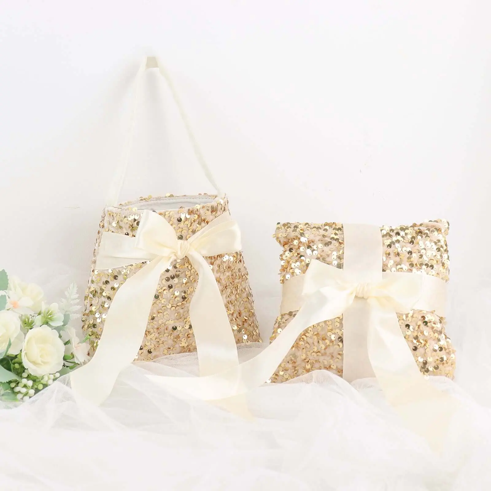 1-Set Gold Sequin Gift Basket & Ring Bearer Pillow Wedding Set for Flower Girls, Festive Party Supplies, Wedding Favors