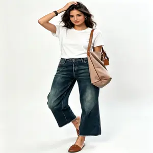 Women's Mid-Waisted High-Stretch Denim Capris - Everyday Style, Casual Loose-Fit Straight Wide Leg, Raw Hem, Pockets, Breathable Comfortable Womenswear Bottoms