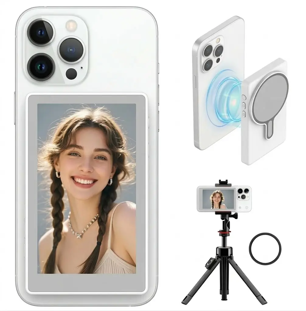 4”Magnetic Vlog Selfie Monitor Screen, Mobile Cellphone Accessory with Real-Time Screen Sharing, 1080P-4K Wireless Recording, Rear-Camera Selfies, Easy Button Connection, Compatible with iPhone & Android for Live Streaming & Vlogging, Smartphone Tripod