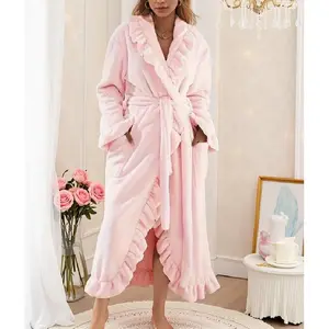 Women's Elegant Long Sleeve Bathrobe, French Terry Warm Robe with Pockets, Fall & Winter Thick Fitted Homewear, Loungewear