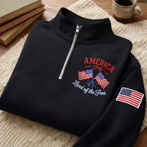 Embroidery Quarter Zip 250th Anniversary 1776 2026 Veterans Day Pullover American Flag Patriotic Land of the Free Apparel Gift