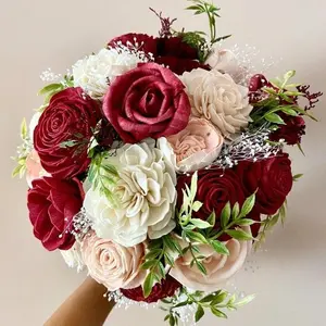 Wine Red and Blush Wood Flower Wedding Bouquet