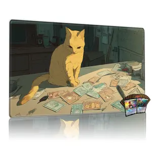 Vintage Golden Cat & Cluttered Table MTG Playmat - 12x24in Non-Slip, Perfect for TCG/ MTG Card Games, Ideal for Family Gatherings & Gift
