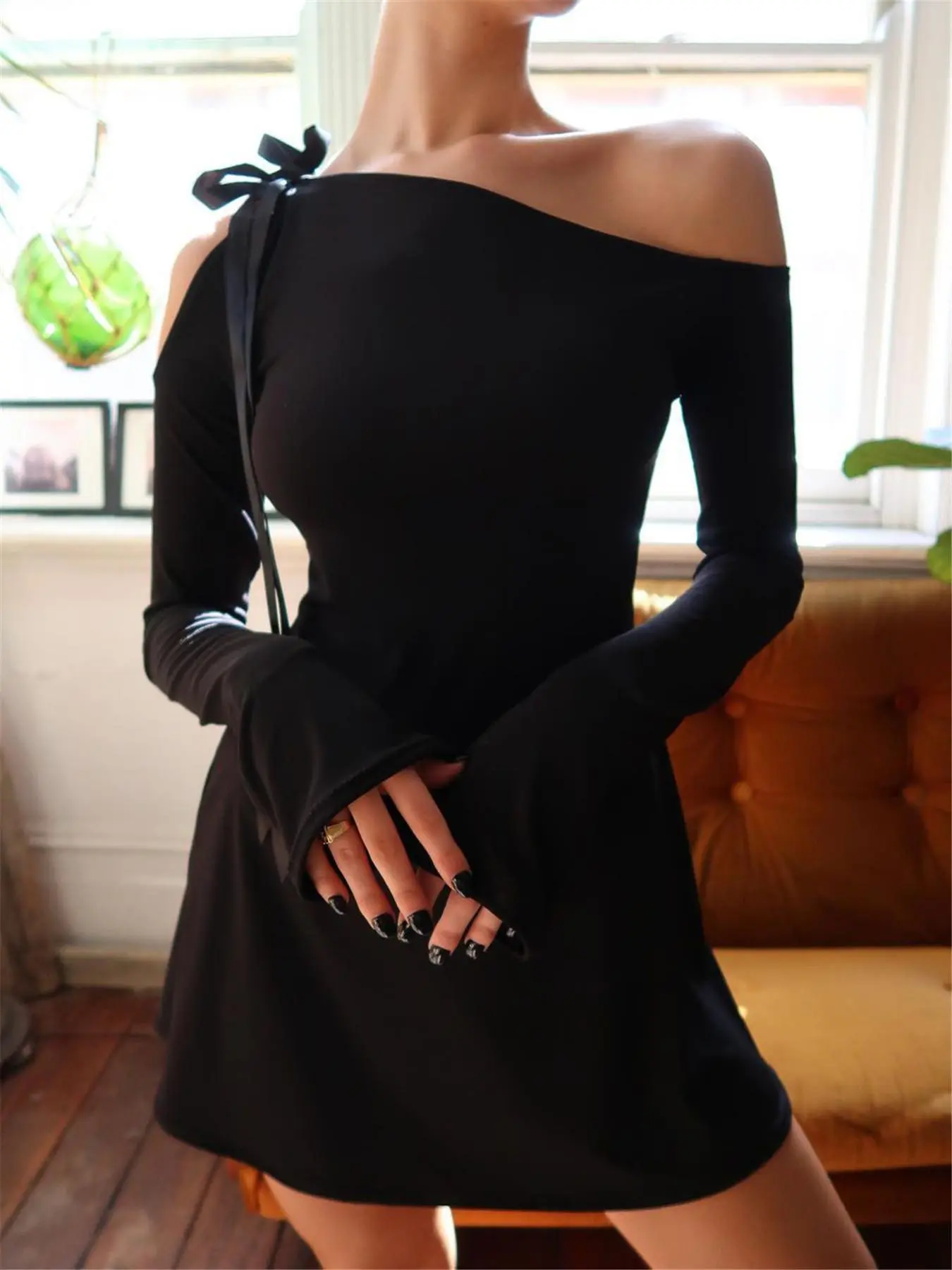 Women's Plain Cut Out Asymmetrical Neck Tie Front Dress, Elegant Long Sleeve Fitted Short Dress for Party Holiday, Ladies Fall Clothes, Fall Outfits, Fallfreshness Valentine's Day, gift, Spring, Womenswear - TikTok Shop Women's Plain Cut Out Asymmetrical Neck Tie Front Dress, Elegant Long Sleeve Fitted Short Dress for Party Holiday, Ladies Fall Clothes, Fall Outfits, Fallfreshness Valentine's Day, gift, Spring, Womenswear - TikTok Shop