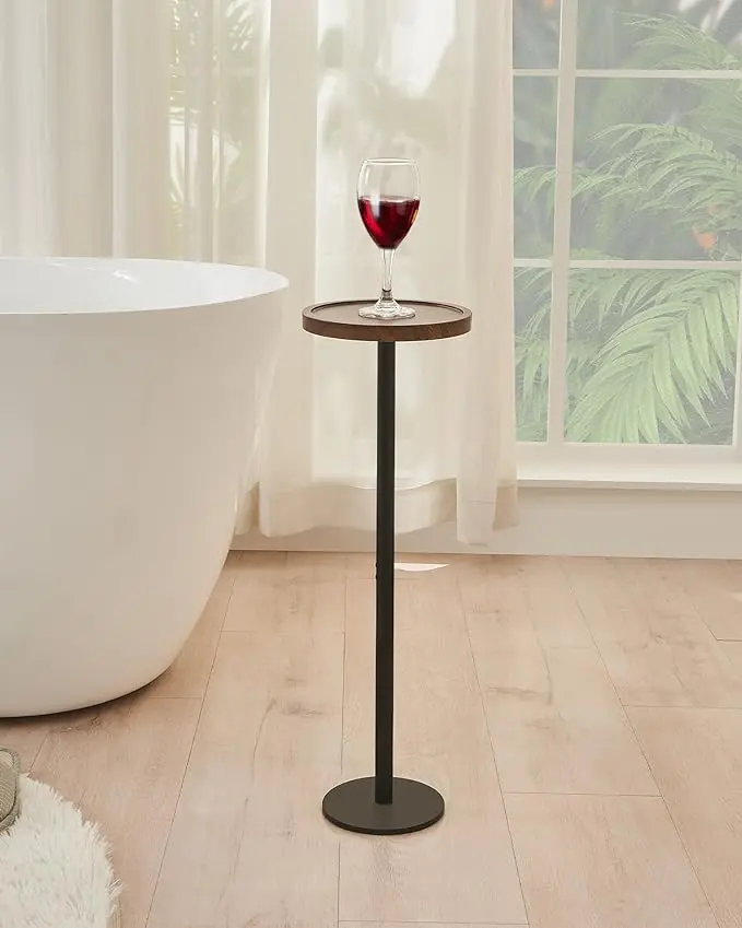 Drink Table, Small Pedestal Side Table, Round Cocktail Table, Accent End Table with Metal Base, for Small Spaces, Brown & Black