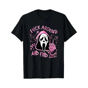 Black T Shirt With Pink Ghost And Text Fuck Around And Find Out Halloween Party Costume Horror Movie Fan Gift For Men Women