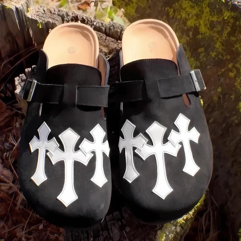 Saint Clogs Gothic Cross Buckle Clogs – Black Suede Slip-On Sandals for Men & Women | Comfortable Streetwear Shoes