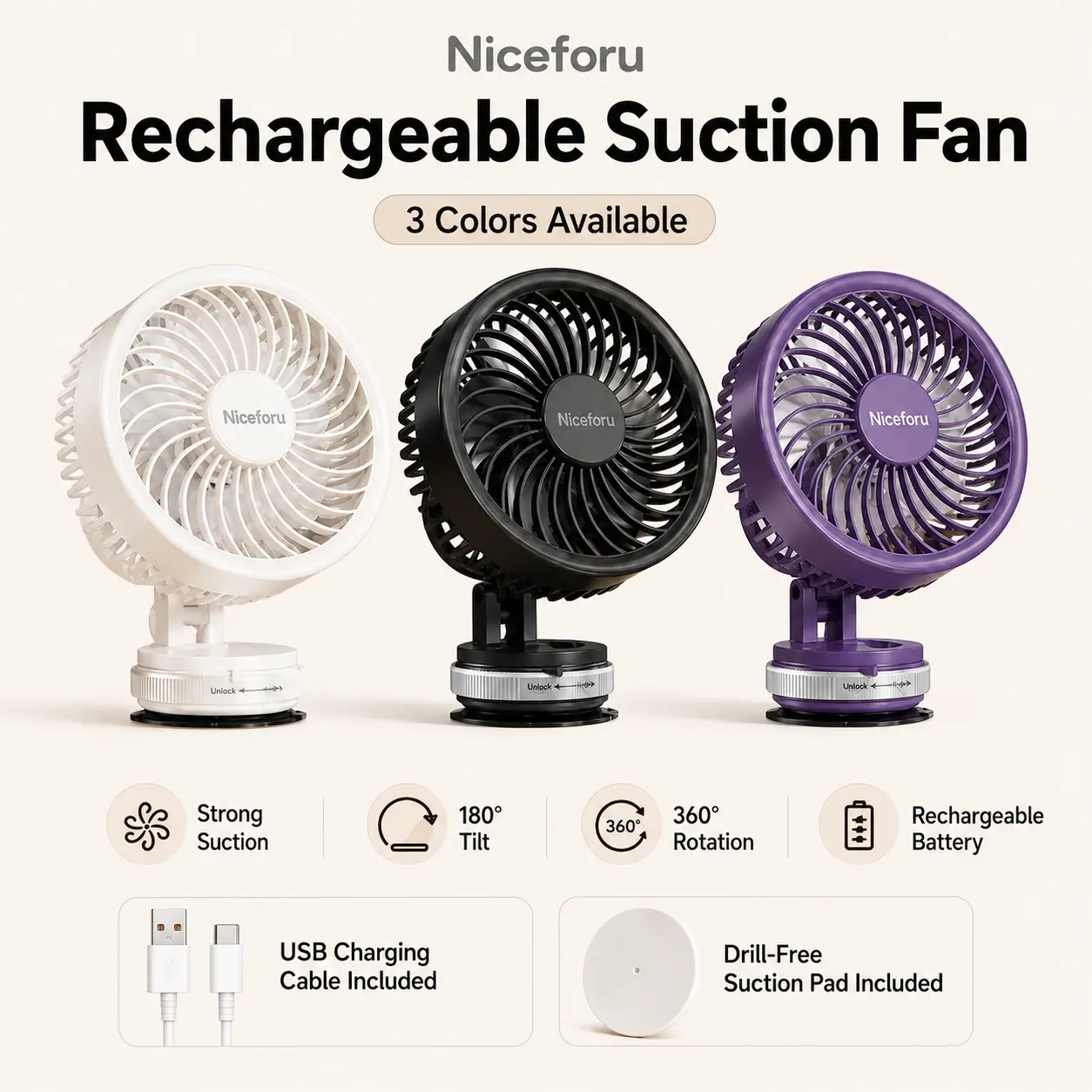 Niceforu ZH41 Rechargeable Suction Cup Wall Mount Fan No Drill Portable Fan for Bathroom Kitchen