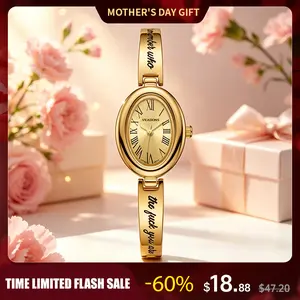 【Mother's Day gift】Watch Women's Elegant Oval Dial Quartz Watch – Roman Numeral Design, Engraved Bangle Bracelet, Luxury Gold-Tone Timepiece, Ideal Gift for Daily Wear & Special Occasions