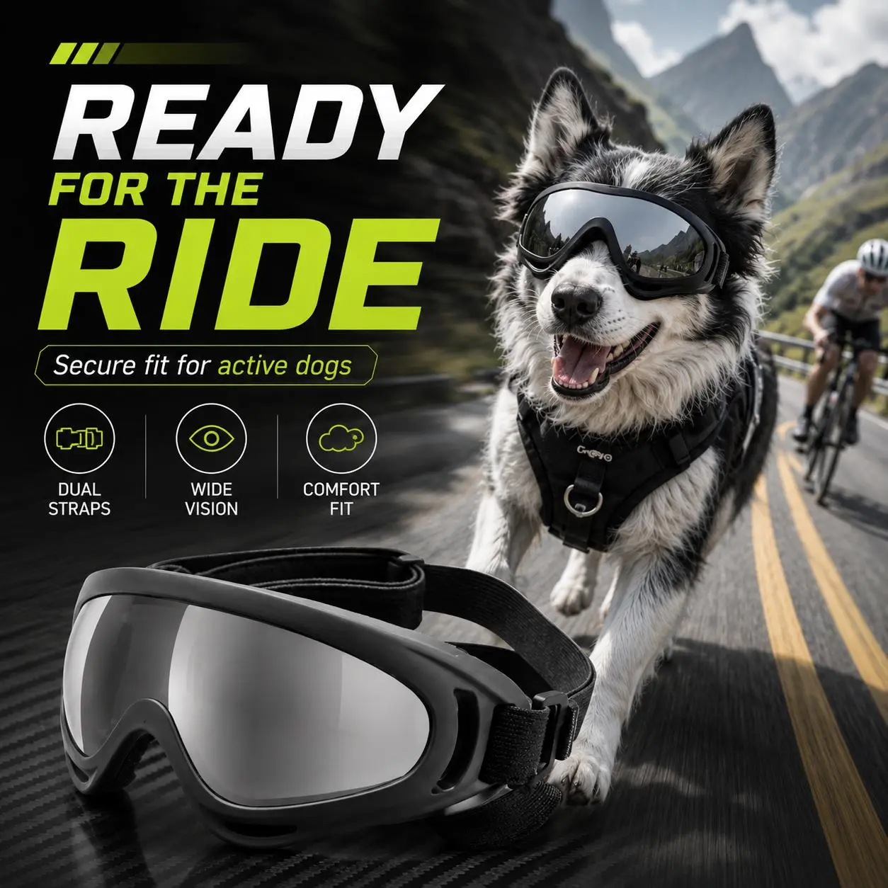 Dog Riding Goggles for Large Dogs, Windproof Pet Sunglasses with Dual Adjustable Straps, Flexible TPU Frame, Soft Foam Padding, UV Dust Protection Lens, Outdoor Dog Eye Protection for Car Rides, Hiking, Biking, Travel Masks