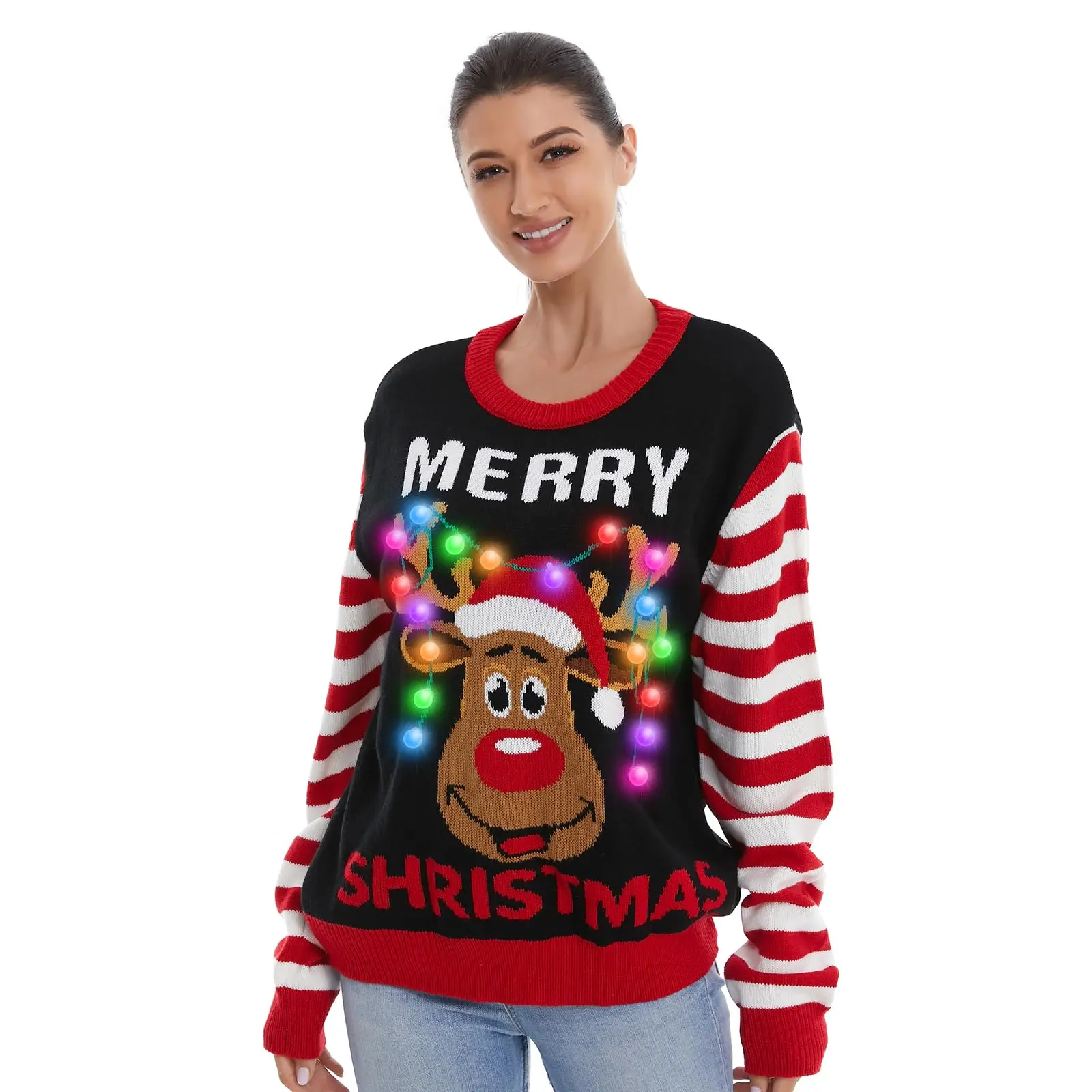 Reindeer Christmas Sweater Light Up Ugly Christmas Pulleover Women Ugly Xmas Deer Sweatshirt Tops Adult Men Teen XL