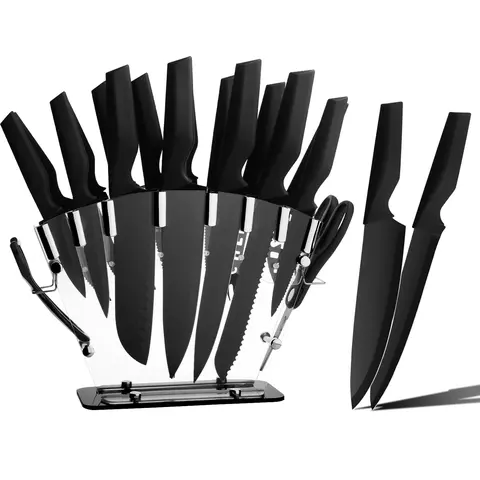 19 Piece Kitchen Knife Set, High Carbon Stainless Steel, Sharp Includes Serrated Steak Knife Set with Combination Chef's Knife, Bread Knife, Scissors, Knife Sharpener Stick, Acrylic Storage Holder, All in One Outdoorfun Utensils, Knives, Kitchen Accessori