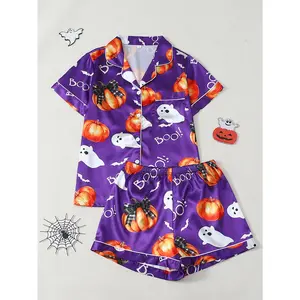 Ultimate Halloween vibe! Purple ghost-pumpkin-bat pajamas, short-sleeve lapel + shorts, all-over print with "BOO" lettering. Eye-catching at home/parties, perfect festive feel. Comfortable, breathable, home/outdoor wear. Loungewear Nightwear
